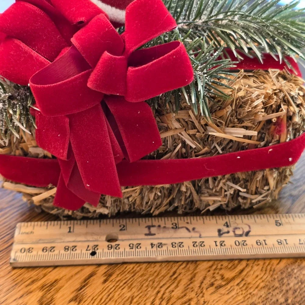 Vintage Flocked Santa Claus on Straw Hay Bale Christmas Centerpiece Red Velvet